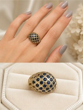 Mid-Century Italian 14k Gold Bombe Ring w/23 Natural Blue Sapphires, c. 1950s